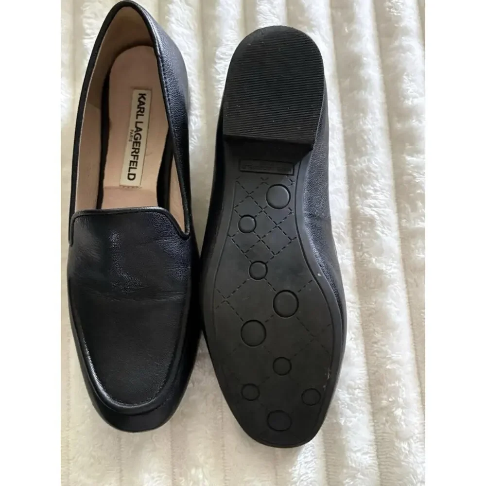 Karl Lagerfeld Brynn Black Leather Slip on Heel Loafers Shoes Women 6M US